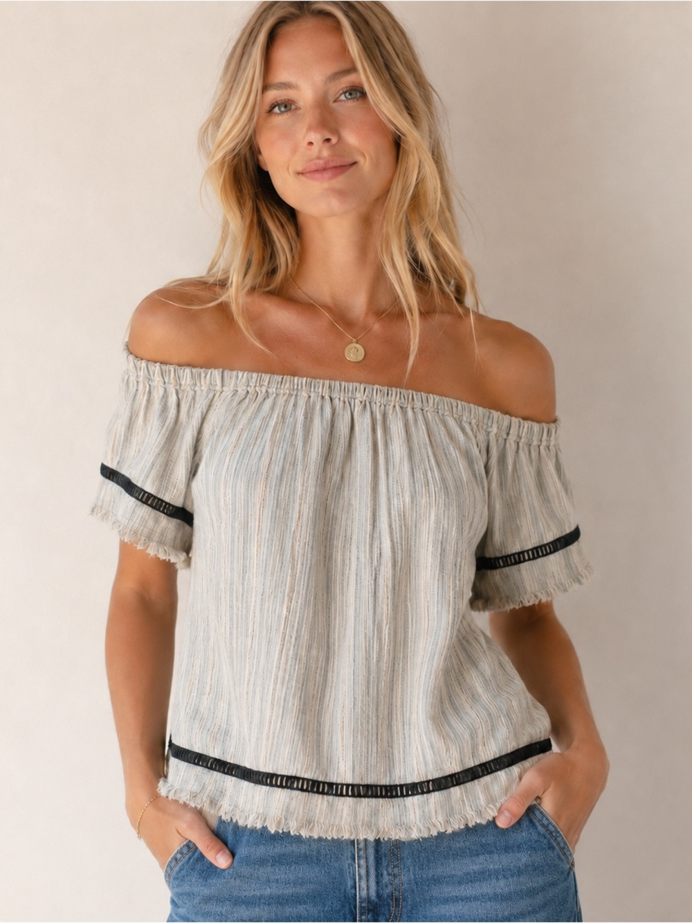 dRA Los Angeles Off Shoulder Fringe Striped Boho Cotton Top Medium